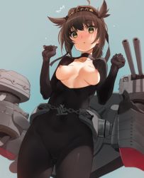 Rule 34 | 10s, 1girl, ^^^, alternate costume, black bodysuit, blue background, blush, bodysuit, breasts, breasts out, brown hair, cannon, chain, chou-10cm-hou-chan (hatsuzuki&#039;s), clothes writing, collarbone, cowboy shot, from below, hair flaps, hairband, hatsuzuki (kancolle), highres, kantai collection, looking down, machinery, medium breasts, nipples, nose blush, parted lips, robot, simple background, skin tight, solo, standing, tareme, turret, yd (orange maru), yellow eyes