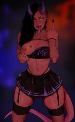 Rule 34 | 1girl, black hair, black nails, blurry, blurry background, breasts, cherry-gig, colored skin, demon girl, fangs, fishnet thighhighs, fishnet top, fishnets, highres, horns, large breasts, larissa (cherry-gig), long hair, long tongue, middle finger, miniskirt, navel, nipples, one breast out, original, red skin, skirt, solo, tail, thighhighs, tiefling, tongue, tongue out, yellow eyes