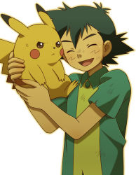 Rule 34 | 1boy, anger vein, ash ketchum, closed eyes, collared shirt, commentary request, creatures (company), cyaneko, game freak, gen 1 pokemon, green hair, green shirt, holding, holding pokemon, male focus, nintendo, open mouth, outline, pikachu, pokemon, pokemon (anime), pokemon (classic anime), pokemon (creature), shirt, smile, tongue, upper body, white background