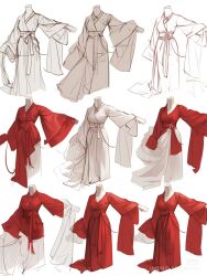 1girl chinese_clothes clothes_focus dress hanfu headless highres jiaoling_ruqun long_sleeves multiple_views original qujupao red_dress red_hanfu sash shi_zhengzheng_ya sketch skirt white_background white_skirt wide_sleeves zhijupao