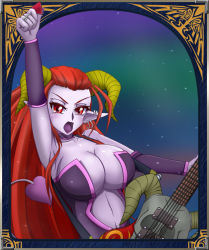 Rule 34 | 1girl, artist request, breasts, choker, cleavage, colored skin, demon girl, earrings, guitar, horns, instrument, jewelry, lipstick, long hair, makeup, monster girl, open mouth, plectrum, pointy ears, purple skin, red eyes, red hair, skull, solo, tail