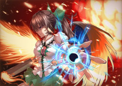 Rule 34 | 1girl, arm cannon, asymmetrical wings, bird wings, black sun, bow, breasts, brown eyes, brown hair, brown wings, closed mouth, collared shirt, commentary request, control rod, cowboy shot, fiery wings, fire, green bow, green skirt, hair between eyes, hair bow, highres, kisaragi yuu (user kfua8252), long hair, looking afar, medium breasts, mismatched wings, ponytail, puffy short sleeves, puffy sleeves, reaching, reaching towards viewer, reiuji utsuho, serious, shirt, short sleeves, skirt, solo, sun, third eye, touhou, weapon, white shirt, wings