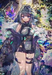 Rule 34 | 1girl, ahoge, arknights, black hair, black shorts, blue eyes, blush, breasts, character name, chest strap, feather hair, feathers, feet out of frame, grey shirt, hair ornament, highres, jacket, la pluma (arknights), long sleeves, looking at viewer, medium hair, micro shorts, morita (pixiv31883607), off shoulder, open clothes, open jacket, parted lips, shirt, shorts, sleeveless, sleeveless shirt, small breasts, solo, thigh strap