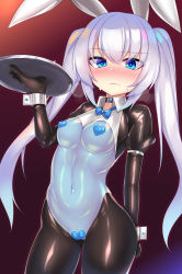 Rule 34 | 1girl, animal ears, black gloves, blue bow, blue eyes, blush, bow, breasts, choker, commentary request, covered erect nipples, covered navel, eyes visible through hair, fake animal ears, full-face blush, gloves, gluteal fold, gradient background, heart pasties, heavy breathing, highres, kutan, leotard, maebari, medium breasts, meme attire, original, pantyhose, pasties, playboy bunny, rabbit ears, reverse bunnysuit, reverse outfit, shiny clothes, shrug (clothing), silver hair, skin tight, solo, sweatdrop, twintails, wrist cuffs