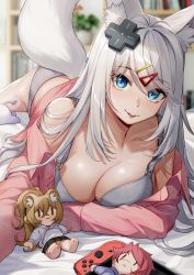 Rule 34 | 1girl, animal ear fluff, animal ears, blue eyes, blurry, blurry background, blush, bra, breast hold, breasts, character doll, cleavage, closed mouth, d-pad, d-pad hair ornament, fox ears, fox girl, fox tail, grey bra, grey panties, hair ornament, hairclip, highres, illian-san, indoors, large breasts, long hair, long sleeves, looking at viewer, meridian project, mizuki (vtuber), nintendo switch, on bed, original, panties, pink shirt, shirt, solo, tail, tongue, tongue out, underwear, virtual youtuber, white hair