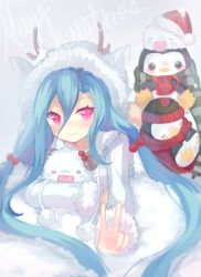 Rule 34 | 1girl, animal costume, antlers, bird, blue hair, fluffy, hat, highres, horns, hugging object, jinx (league of legends), league of legends, lying, on stomach, penguin, pink eyes, poro (league of legends), reindeer antlers, reindeer costume, shouu-kun, smile, twintails, v