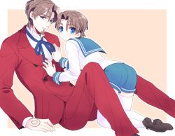 Rule 34 | 2boys, @co, bad id, bad pixiv id, blue eyes, brown hair, child, dual persona, facial hair, fate/zero, fate (series), formal, goatee, multiple boys, aged up, sailor collar, shorts, suit, tohsaka tokiomi, aged down