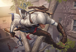 Rule 34 | 3boys, arrow (projectile), artist name, assassin&#039;s creed (series), assassin&#039;s creed iii, axe, black headwear, boots, bow (weapon), brick wall, brown footwear, brown gloves, building, clenched hands, coat, connor kenway, corpse, fingerless gloves, gloves, hat, highres, holding, holding axe, holding weapon, hood, jumping, leaf, logo, multiple boys, outdoors, patrick brown, quiver, red coat, tomahawk, town, tree, tricorne, watermark, weapon, weapon on back, window