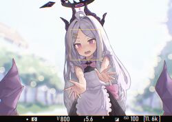 Rule 34 | 1girl, absurdres, ahoge, alternate costume, apron, black dress, black halo, black horns, blue archive, blurry, bow, bowtie, commentary request, depth of field, dress, embarrassed, facing viewer, grey hair, halo, highres, hina (blue archive), horns, kyawawa 1230, long hair, looking down, maid, maid apron, open mouth, outdoors, parted bangs, pink bow, pink bowtie, purple eyes, solo, very long hair, viewfinder