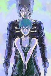 Rule 34 | 1boy, 1girl, blue lips, breasts, cleavage, collarbone, foo fighters (jojo), green eyes, green hair, green overalls, hat, horns, jojo no kimyou na bouken, second-party source, short hair, small breasts, stmric, stone ocean, straight-on, weather report