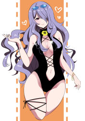Rule 34 | 1girl, alternate costume, bare shoulders, black one-piece swimsuit, bracelet, breasts, camilla (fire emblem), eyewear on head, fe135700, fire emblem, fire emblem fates, flower, hair over one eye, heart, highres, holding, holding own hair, jewelry, large breasts, long hair, looking at viewer, navel, nintendo, one-piece swimsuit, parted lips, purple hair, smile, solo, sunglasses, swimsuit, very long hair, yellow flower
