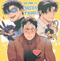 Rule 34 | &gt; o, 2boys, animification, batman (series), black bodysuit, black gloves, black hair, black shirt, blue bodysuit, blue eyes, blush, bodysuit, brothers, brown jacket, chengzhineixihuanxiaogou, chibi, closed mouth, cover, cover page, cuffs, dc comics, dick grayson, domino mask, ganbare! nakamura-kun!!, gloves, hand on own chest, handcuffs, heart, holding, holding handcuffs, jacket, jason todd, male focus, mask, meme, multicolored hair, multiple boys, necktie, nightwing, one eye closed, open clothes, open jacket, open mouth, red hood (dc), shirt, short hair, siblings, smile, superhero costume, two-tone bodysuit, two-tone hair, white hair, white shirt