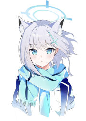 Rule 34 | 1girl, animal ear fluff, animal ears, blue archive, blue eyes, blue halo, blue jacket, blue necktie, blue scarf, commentary request, cropped torso, cross hair ornament, earrings, extra ears, hair ornament, halo, hapi (ht64hap), highres, jacket, jewelry, looking at viewer, medium hair, mismatched pupils, necktie, parted lips, scarf, shiroko (blue archive), shirt, simple background, solo, straight-on, stud earrings, white background, white shirt, wolf ears