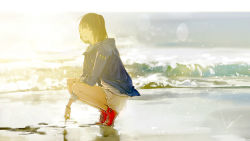 Rule 34 | 1girl, artist name, beach, between legs, blue jacket, bracelet, brown eyes, brown hair, clothes writing, converse, cross-laced footwear, day, earrings, from side, full body, hand between legs, hand on lap, highres, hood, hood down, hooded jacket, horizon, jacket, jewelry, lens flare, light particles, long sleeves, looking at viewer, loundraw, miniskirt, ocean, open clothes, open jacket, open mouth, original, outdoors, red footwear, sand, shirt, shoelaces, shoes, short hair, signature, skirt, sleeves rolled up, smile, sneakers, solo, squatting, striped clothes, striped shirt, sunlight, watch, water, waves, white skirt, wristwatch