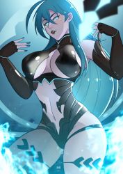 Rule 34 | 1girl, black gloves, black lips, blue eyes, blue hair, blue nails, breasts, cleavage, cleavage cutout, clothing cutout, cosplay, elbow gloves, fingerless gloves, fire emblem, fire emblem: three houses, from below, gloves, glowing, hands up, highres, hip vent, ihsnet, kronya (fire emblem), kronya (fire emblem) (cosplay), lips, lipstick, long hair, looking at viewer, makeup, medium breasts, midriff, nail polish, navel, nintendo, no pupils, solo, stomach cutout, thighs, underboob, very long hair, vivy, vivy: fluorite eye&#039;s song