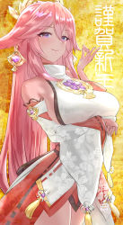 Rule 34 | 1girl, arm under breasts, breasts, detached sleeves, dress, genshin impact, hair ornament, halo, halterneck, hand gesture, hand up, happy new year, highres, japanese clothes, large breasts, looking at viewer, new year, pink hair, purple eyes, smile, solo, thighs, uenoryoma, wide sleeves, yae miko