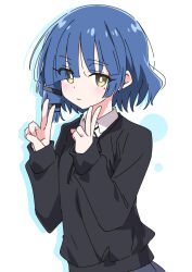 Rule 34 | 1girl, black shirt, blue hair, bocchi the rock!, double v, eyes visible through hair, ixy, long sleeves, looking at viewer, mole, mole under eye, shirt, simple background, solo, v, white background, yamada ryo, yellow eyes