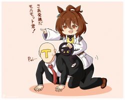 Rule 34 | 1girl, absurdres, agnes tachyon (umamusume), ahoge, animal ears, black jacket, black pants, black pantyhose, black shirt, brown background, brown eyes, brown footwear, brown hair, collared shirt, colored shadow, commentary request, goom (goomyparty), hair between eyes, highres, horse ears, jacket, lab coat, necktie, open clothes, outstretched arm, pants, pantyhose, pointing, red necktie, shadow, shirt, shoes, simple background, sleeves past wrists, steering wheel, sweat, sweater vest, t-head trainer, trainer (umamusume), umamusume, white footwear, white shirt, wide sleeves