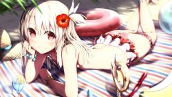 Rule 34 | 1girl, ball, bare legs, beach, beach towel, beachball, bikini, blurry, blush, bracelet, breasts, bridal garter, cross, cross necklace, cup, depth of field, drink, drinking glass, drinking straw, fate/kaleid liner prisma illya, fate (series), flower, fueru nattou, hair flower, hair ornament, hat, hibiscus, highres, ice, ice cube, illyasviel von einzbern, innertube, jewelry, leg ribbon, long hair, looking at viewer, lotion, lying, magical ruby, necklace, red eyes, ribbon, silver hair, skirt, small breasts, smile, solo, straw hat, sunscreen, swim ring, swimsuit, towel