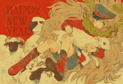 Rule 34 | 1girl, bad id, bad pixiv id, blonde hair, blue eyes, boots, braid, cross-laced footwear, english text, happy new year, hat, highres, lace-up boots, lamb, long hair, looking at viewer, new year, original, peaked cap, red footwear, scarf, sheep, skull, smile, solo, tsubonari, very long hair