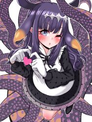 Rule 34 | 1girl, ;o, apron, black dress, black footwear, black hair, blush, commentary, dress, frilled apron, frills, gloves, gradient hair, grey eyes, h055519200, hair flaps, heart, heart hands, highres, hololive, hololive english, long hair, long sleeves, looking at viewer, mole, mole under eye, multicolored hair, ninomae ina&#039;nis, ninomae ina&#039;nis (pastry chef), official alternate costume, official alternate hairstyle, one eye closed, open mouth, orange hair, pointy ears, puffy long sleeves, puffy sleeves, short dress, sidelocks, solo, tentacle hair, tentacles, virtual youtuber, wavy hair, white apron, white gloves