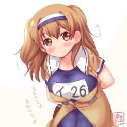 Rule 34 | 10s, 1girl, arms behind back, blush, breasts, brown eyes, brown hair, clothes writing, dated, hairband, highres, i-26 (kancolle), kanon (kurogane knights), kantai collection, large breasts, leaning forward, light brown hair, long hair, looking at viewer, name tag, new school swimsuit, one-piece swimsuit, open clothes, sailor collar, school swimsuit, short sleeves, smile, solo, swimsuit, swimsuit under clothes, two-tone hairband, two side up