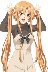 Rule 34 | 1girl, :d, asuna (sao), black bow, black sweater, blush, bow, brown eyes, brown hair, bunching hair, dars (recolors), dress, hair between eyes, hair down, long hair, looking at viewer, open mouth, pinafore dress, simple background, sleeveless, sleeveless dress, smile, solo, standing, sweater, sword art online, twintails, very long hair, white background, white dress