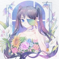 Rule 34 | 1girl, :/, absurdres, artist name, black hair, blue eyes, blue flower, blue rose, calla lily, choker, covering one eye, faux traditional media, flower, framed, frilled choker, frills, hand up, highres, jiuyin, leaf, long hair, original, pink flower, pink rose, rose, solo, sunflower, twintails, upper body, watercolor effect, white background, white footwear, yellow flower