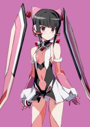 Rule 34 | 1girl, bare shoulders, black hair, blunt bangs, blush, breasts, commentary request, covered navel, elbow gloves, gauntlets, gloves, gluteal fold, leotard, long hair, looking at viewer, multicolored leotard, pink eyes, pink gloves, pink thighhighs, purple background, senki zesshou symphogear, shiny skin, simple background, skirt, small breasts, solo, standing, tamahiyo, thighhighs, tsukuyomi shirabe, twintails