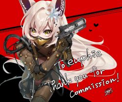 Rule 34 | 1girl, absurdres, airship assassin wraith, animal ears, apex legends, b3 wingman, blonde hair, bodysuit, bossan 3310, brown bodysuit, cable, commission, cosplay, english text, euphemia chevalier, floating hair, fox ears, fox girl, grey flower, gun, handgun, heart, highres, holding, holding gun, holding weapon, indie virtual youtuber, long hair, looking at viewer, mask, mouth mask, red background, revolver, running, skeb commission, solo, very long hair, virtual youtuber, weapon, wraith (apex legends), wraith (apex legends) (cosplay), yellow eyes