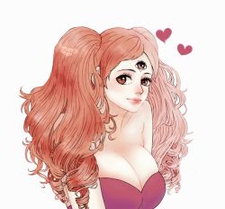 Rule 34 | 1girl, bare shoulders, breasts, brown eyes, brown hair, charlotte pudding, cleavage, eyebrows, female focus, large breasts, lipstick, long hair, looking at viewer, magenta eyes, makeup, one piece, red hair, smile, solo, tagme, third eye, twintails, upper body
