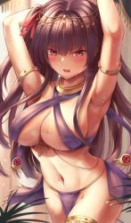 Rule 34 | 1girl, alternate costume, armpits, arms behind head, bare shoulders, belly dancing, bikini, blush, bracer, breasts, cleavage, dancer, feet out of frame, girls&#039; frontline, hair ornament, hair ribbon, highres, jewelry, large breasts, leaning forward, long hair, looking at viewer, navel, necklace, open mouth, presenting armpit, purple bikini, purple hair, red eyes, ribbon, side ponytail, solo, standing, stomach, sweat, sweatdrop, swimsuit, wa2000 (girls&#039; frontline), xlscaler