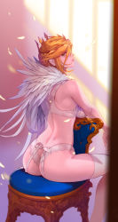 Rule 34 | 1girl, absurdres, artoria pendragon (fate), artoria pendragon (lancer) (fate), ass, blonde hair, braid, breasts, butt crack, fate/grand order, fate (series), feathers, french braid, green eyes, hair between eyes, hellcherr, highres, large breasts, lingerie, sidelocks, sitting, smile, solo, swept bangs, thighhighs, underwear
