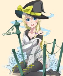 Rule 34 | 1girl, alternate costume, alternate eye color, bad id, bad pixiv id, black bra, black thighhighs, blonde hair, blue eyes, blush, boots, bow, bra, cross-laced footwear, hat, hat bow, highres, hitotose hirune, jacket, kirisame marisa, lace-up boots, no pants, off shoulder, open mouth, ribbon, solo, strap slip, thigh boots, thighhighs, touhou, underwear, witch hat