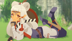 Rule 34 | 1girl, artist request, ass, blunt bangs, blush, brown eyes, facial mark, fingerless gloves, gloves, hat, hat on back, hyrule warriors, hyrule warriors: age of calamity, hyrule warriors: age of calmity, impa, japanese clothes, kimono, leggings, long hair, looking at viewer, lying, nintendo, on stomach, pointy ears, silver hair, solo, the legend of zelda, the legend of zelda: breath of the wild, the pose