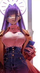 Rule 34 | 1girl, alternate hair color, blue eyes, breasts, brown coat, cellphone, coat, commentary, cowboy shot, denim, ear piercing, eyebrows hidden by hair, halo, high-waist pants, highres, holding, holding phone, hololive, hololive english, jeans, large breasts, long hair, narrow waist, open mouth, ouro kronii, pants, phone, piercing, purple hair, signature, smartphone, solo, straight-on, symbol-only commentary, taka t, turtleneck, virtual youtuber