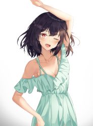 Rule 34 | 1girl, ;d, absurdres, arm up, armpits, bad id, bad pixiv id, bare shoulders, black hair, blue dress, blush, breasts, cleavage, collarbone, cowboy shot, dress, frilled dress, frills, gradient background, grey background, head tilt, highres, jenmin12, looking at viewer, medium breasts, one eye closed, open mouth, original, red eyes, short hair, simple background, smile, solo, white background