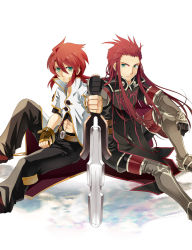 Rule 34 | 00s, 2boys, asch (tales), black gloves, black pants, boots, brown gloves, daiki (daikingairkgk), fingerless gloves, full body, gloves, green eyes, grey footwear, holding, holding sword, holding weapon, long hair, looking at viewer, luke fon fabre, male focus, multiple boys, pants, red hair, serious, shirt, sidelocks, sitting, surcoat, sword, symmetry, tales of (series), tales of the abyss, thigh boots, thighhighs, weapon, white background, white shirt