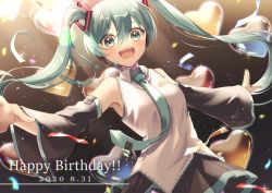 Rule 34 | 1girl, 2020, :d, aqua eyes, aqua hair, aqua necktie, balloon, black skirt, black sleeves, collared shirt, dated, detached sleeves, dress shirt, floating hair, hair between eyes, hair ornament, happy birthday, hatsune miku, headphones, headset, heart balloon, long hair, long sleeves, looking at viewer, microphone, miniskirt, nanase (nns 6077), necktie, open mouth, outstretched arms, pleated skirt, resolution mismatch, ribbon, shirt, skirt, sleeveless, sleeveless shirt, smile, solo, source smaller, standing, twintails, very long hair, vocaloid, white shirt, wing collar