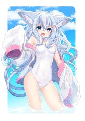 Rule 34 | 1girl, absurdres, animal ear fluff, animal ears, bare shoulders, blue eyes, blue hair, blue sky, blush, border, breasts, cameltoe, cat ears, cat girl, cat tail, cleft of venus, commentary request, commission, covered navel, crossed bangs, fang, hair ornament, hairclip, heart, heart hair ornament, highres, indie virtual youtuber, jacket, jacket partially removed, long hair, long sleeves, looking at viewer, mikokoroten, multicolored hair, multiple tails, nachiru, nekomata, ocean, one-piece swimsuit, open mouth, outside border, pink hair, second-party source, skeb commission, sky, sleeves past fingers, sleeves past wrists, small breasts, solo, streaked hair, swimsuit, tail, two tails, virtual youtuber, wading, white border, white jacket, white one-piece swimsuit, wing hair ornament