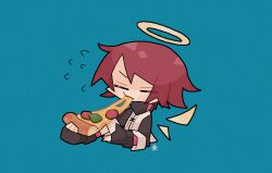 Rule 34 | 1girl, absurdres, angel, angel wings, arknights, black gloves, chibi, closed eyes, exusiai (arknights), fingerless gloves, food, gloves, green background, halo, highres, holding, holding food, holding pizza, kdmr0402, pizza, pizza slice, red hair, short hair, simple background, solo, wings