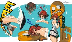 Rule 34 | 1girl, a.b.a, absurdres, bandages, blood, chain, character sheet, fingerless gloves, gloves, green eyes, guilty gear, guilty gear xx, highres, key, key in head, object through head, paracelsus (guilty gear), portrait, red hair, relusionh, short hair, sleeping, stitched mouth, stitches, surprised