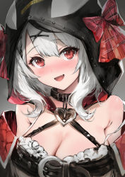 Rule 34 | 1girl, :d, animal hood, bare shoulders, belt, black belt, black collar, blush, bow, breasts, cleavage, collar, fang, hair ornament, haoni, heart, highres, hololive, holox, hood, hood up, large breasts, looking at viewer, medium hair, off shoulder, open mouth, orca hood, plaid, plaid bow, red bow, red eyes, revision, sakamata chloe, sakamata chloe (1st costume), smile, solo, upper body, virtual youtuber, x hair ornament