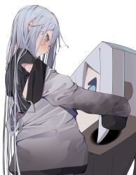 Rule 34 | 1girl, absurdres, tofu (project sekai), black shirt, blue eyes, commentary, grey hair, grey jacket, highres, holding, jacket, long hair, long sleeves, looking at another, open clothes, project sekai, shirt, short sleeves, simple background, solo, sweat, t-shirt, tsune (tune), very long hair, white background, white hair, yoisaki kanade