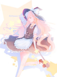 Rule 34 | 1girl, alternate hair length, alternate hairstyle, apron, black skirt, black vest, blonde hair, bobby socks, bow, braid, broom, chairplus, character name, chromatic aberration, clothes lift, frilled apron, frills, from side, hair bow, half-closed eyes, hat, hat bow, high heels, highres, kirisame marisa, leg up, lips, long hair, looking at viewer, profile, pumps, red eyes, red footwear, shirt, shoes, sideways glance, single braid, skirt, skirt lift, skit lift, socks, solo, star (symbol), starry background, thighs, touhou, translation request, very long hair, vest, waist apron, wand, white shirt, witch hat, yellow eyes