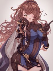 Rule 34 | 1girl, ;d, arm behind back, armor, armpit cutout, asymmetrical bangs, beatrix (granblue fantasy), belt, blue dress, blue scrunchie, blurry, breasts, brown hair, cape, clothing cutout, contrapposto, depth of field, doyagao, dress, elbow pads, fang, gauntlets, granblue fantasy, highres, large breasts, long hair, one eye closed, open mouth, pauldrons, pointing, pointing up, ponytail, rice tea, scrunchie, shoulder armor, simple background, skin tight, smile, smug, solo, swept bangs, tsurime, turtleneck, very long hair, wavy hair