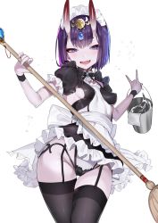 Rule 34 | 1girl, alternate costume, apron, black thighhighs, bob cut, breasts, broom, dress, fangs, fate/grand order, fate (series), female focus, frills, headpiece, highres, horns, lips, looking at viewer, maid, maid apron, maid headdress, nekometaru, oni, open mouth, purple eyes, purple hair, revealing clothes, short eyebrows, short sleeves, shuten douji (fate), simple background, skin-covered horns, skirt, small breasts, smile, solo, thighhighs, waist apron, white background, wrist cuffs