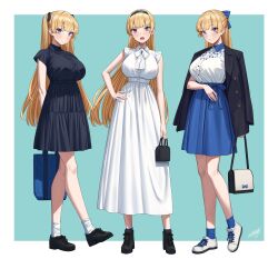 Rule 34 | alternate costume, bag, bare arms, black dress, blazer, blonde hair, blue eyes, blunt bangs, blush, breasts, collared dress, collared shirt, contrapposto, dress, floral print, full body, grin, hairband, handbag, head tilt, high tops, highres, jacket, jacket on shoulders, large breasts, lina (michihasu), long dress, long hair, looking at viewer, michihasu, multicolored eyes, multiple views, open clothes, open jacket, open mouth, original, puckered lips, shirt, shirt tucked in, shoes, short dress, short sleeves, simple background, smile, sneakers, socks, standing, standing on one leg, tented shirt, two side up, white dress