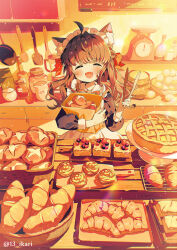 Rule 34 | 1girl, :d, ^ ^, animal ear fluff, animal ears, apron, bag, black dress, bread, brown hair, closed eyes, collared dress, commentary request, croissant, dress, facing viewer, food, food request, frilled apron, frilled shirt collar, frills, highres, holding, ikari (aor3507), indoors, long hair, long sleeves, maid apron, maid headdress, neck ribbon, open mouth, orange ribbon, original, paper bag, pie, puffy long sleeves, puffy sleeves, ribbon, smile, solo, spatula, tongs, twitter username, waitress, weighing scale, white apron