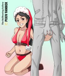 Rule 34 | 1boy, 1girl, assertive female, ballbusting, bikini, black hair, boots, breasts, brown eyes, bulge, character request, cleavage, crotch grab, erection, erection under clothes, female pervert, femdom, grin, hat, highres, kneeling, large breasts, legs, long hair, looking at viewer, naughty face, navel, pants, pervert, red bikini, santa hat, smile, swimsuit, testicle grab, thighs, trembling